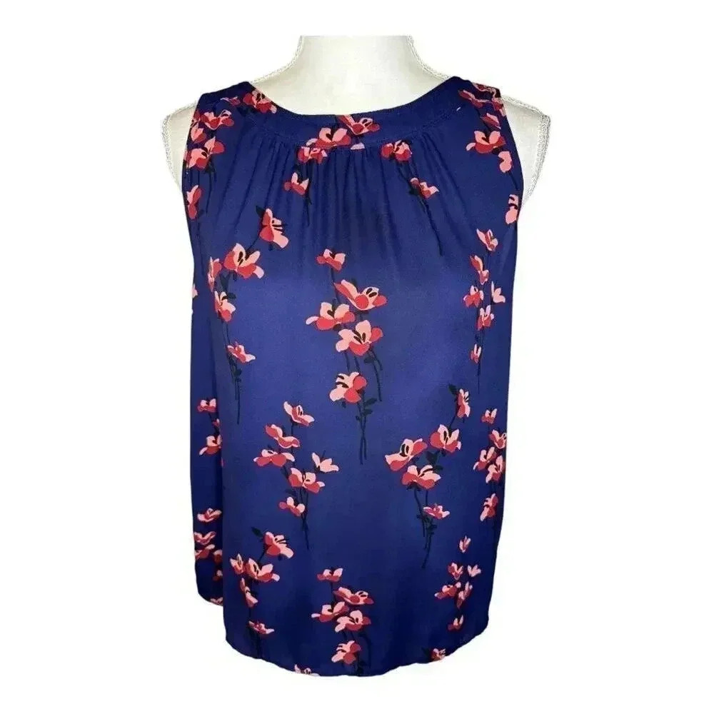 Ann Taylor Loft Women’s Small Navy Blue & Pink Floral Tank Top‎ Button Detail